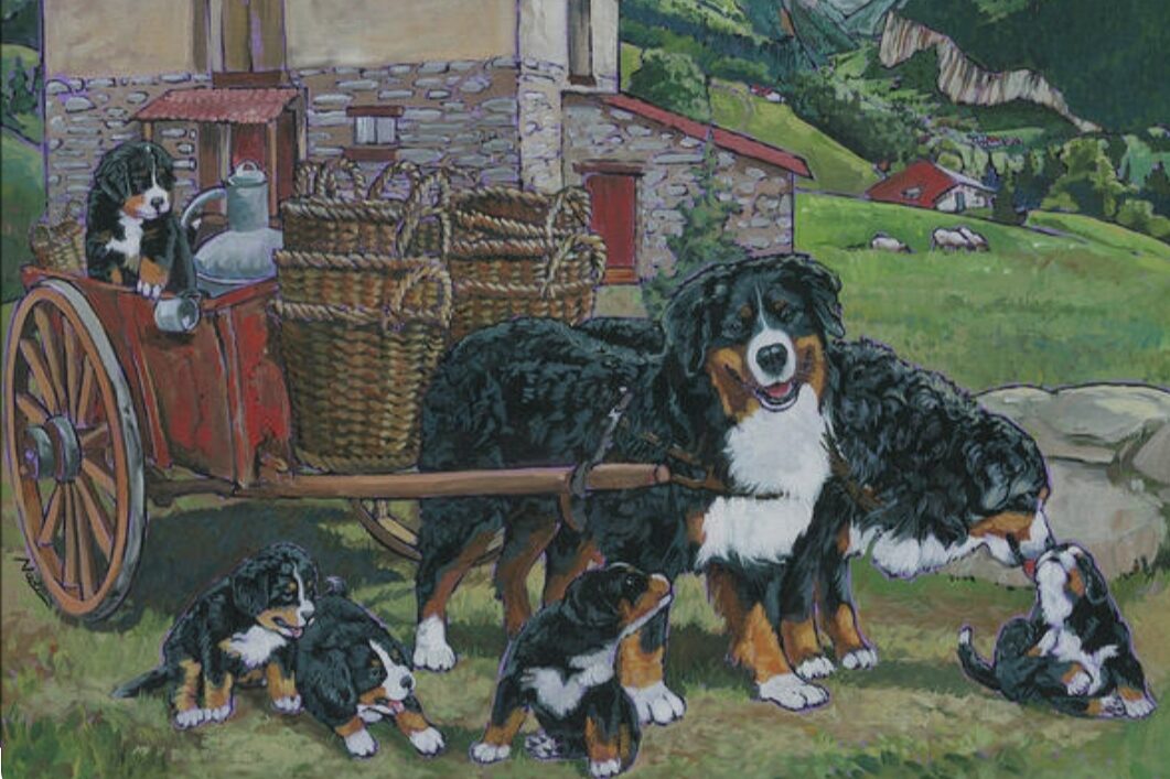 Painting of a Bernese Mountain Dog hitched to a red cart with wicker baskets, surrounded by puppies on an alpine farm