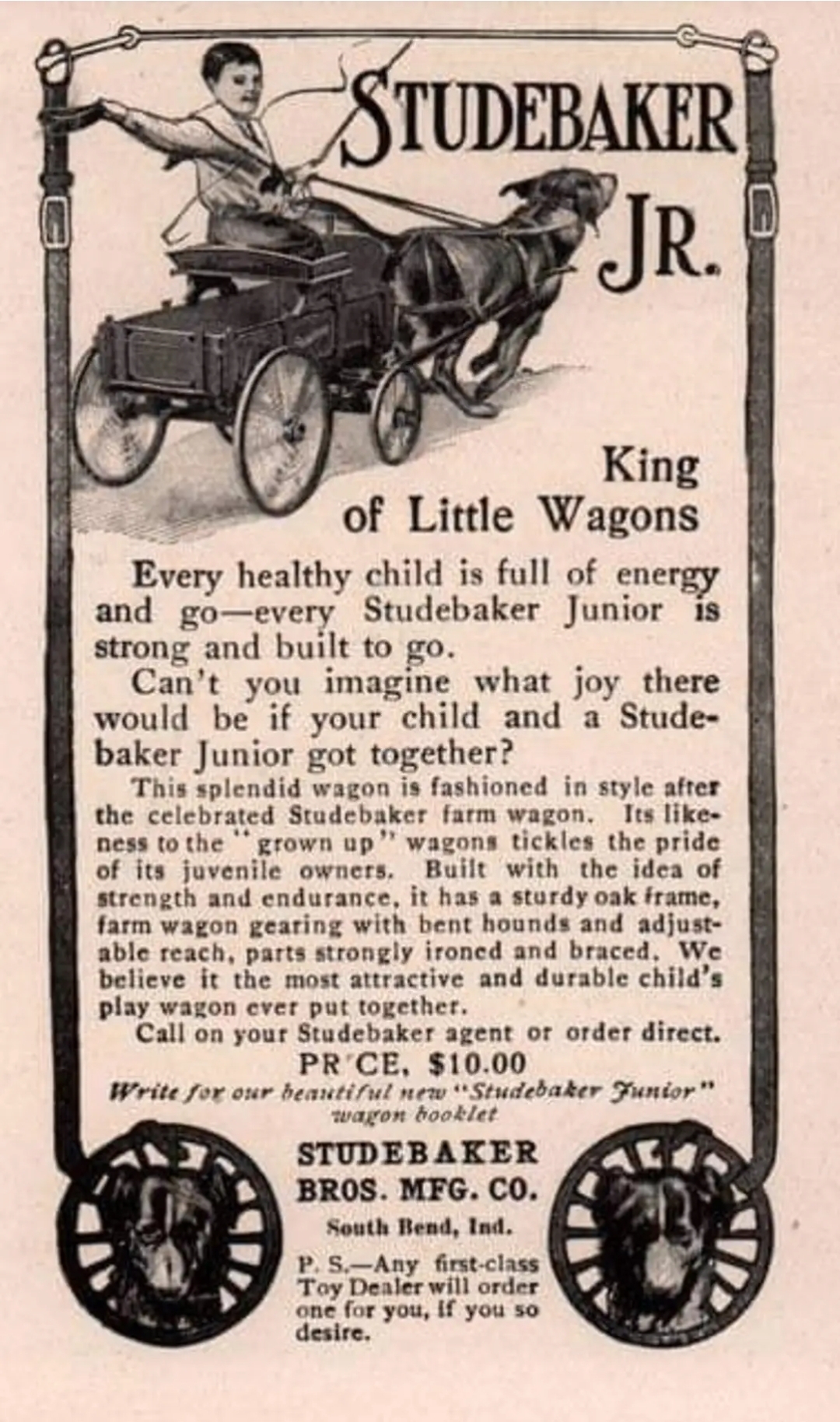 Studebaker Jr. wagon advertisement, "King of Little Wagons," showing a boy riding a small wagon pulled by a dog